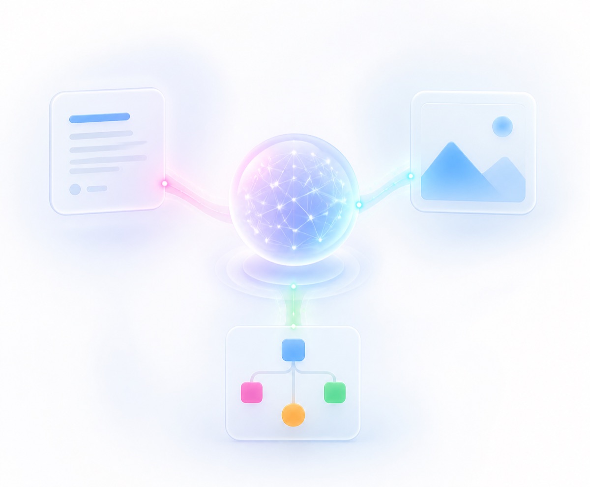 Illustratie van generatieve AI met documenten, beelden en workflows