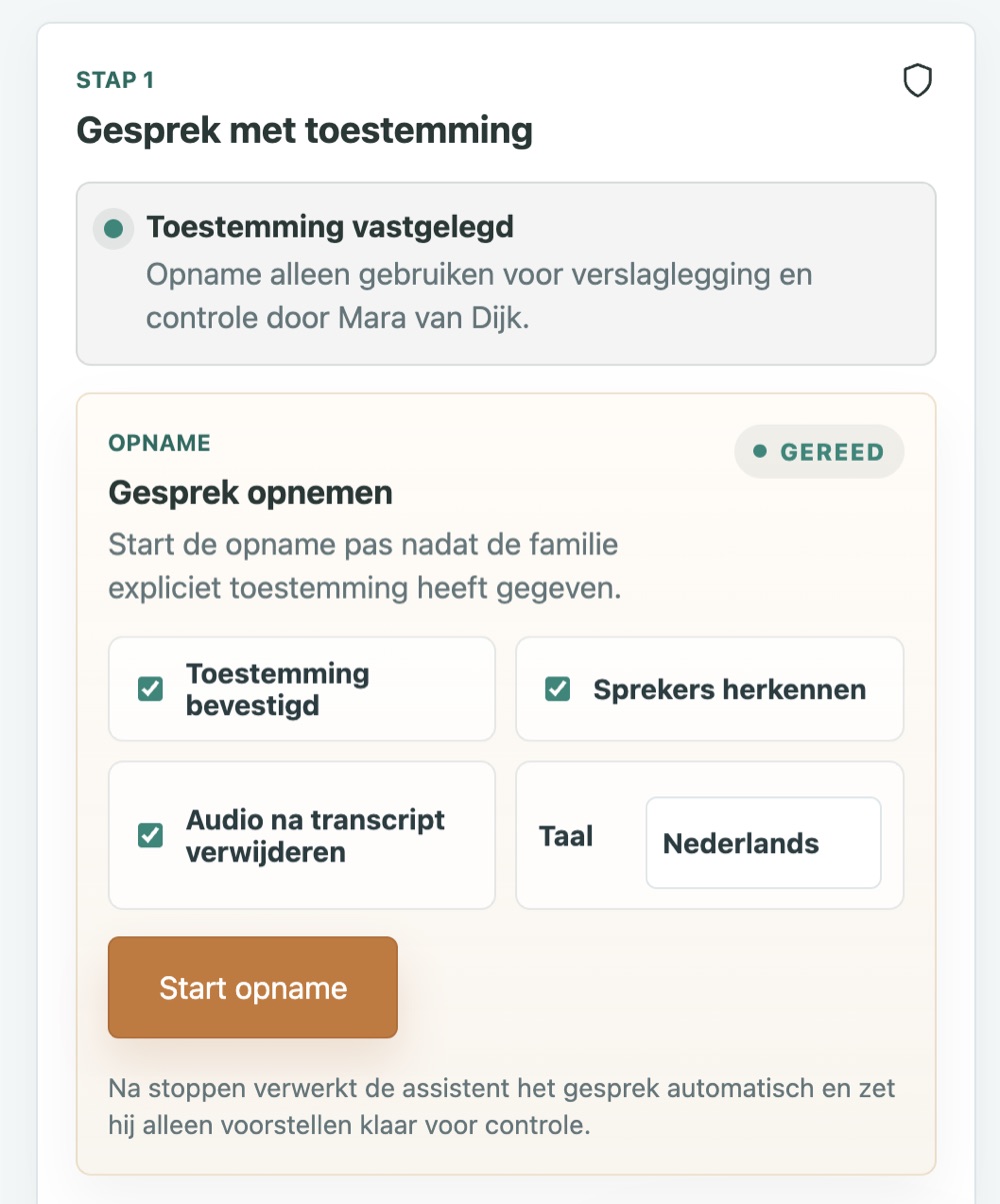 Uitvaart dashboard stap voor toestemming en gespreksopname